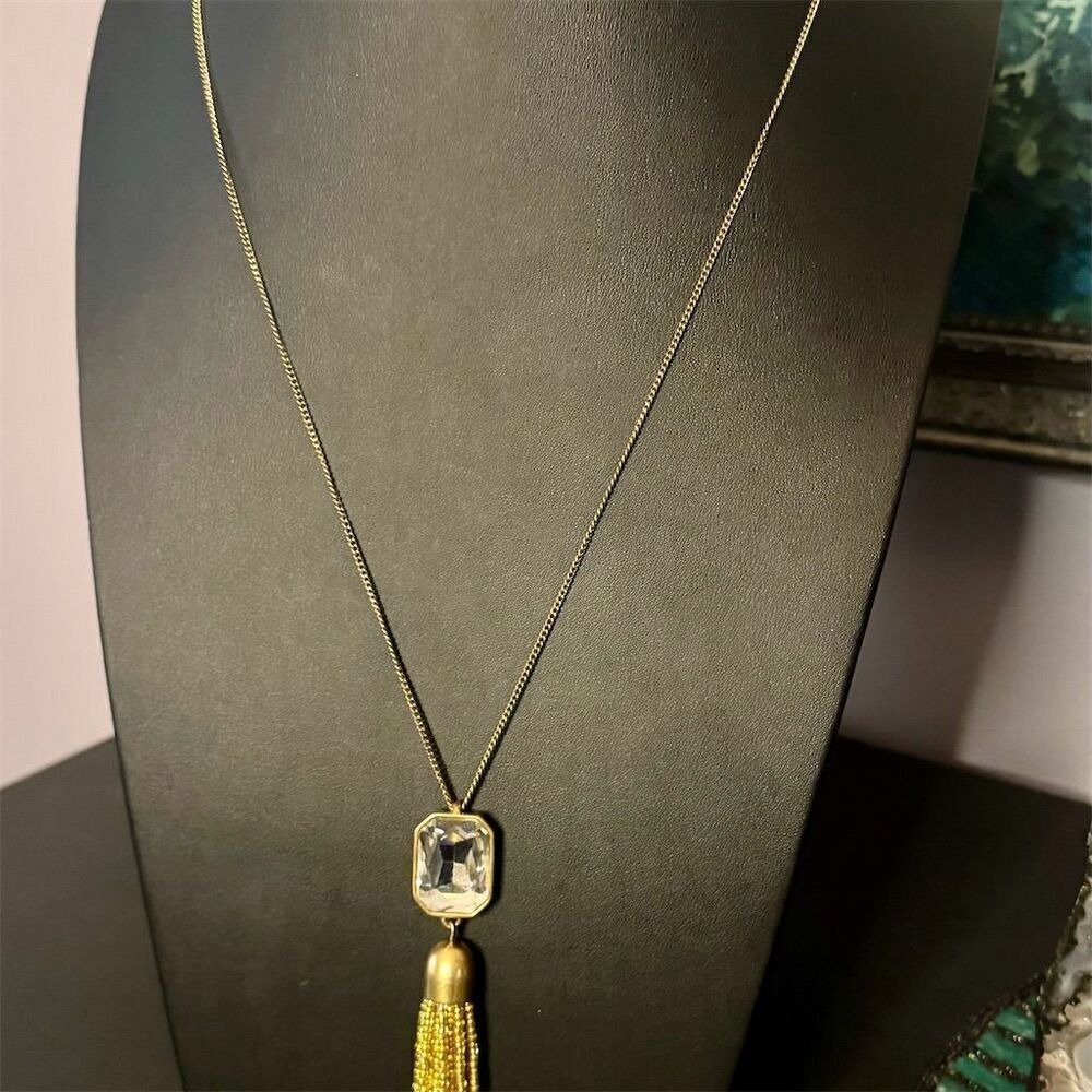 J Crew Jewelry Gold Tone Square Crystal Pendant Necklace with Tassel